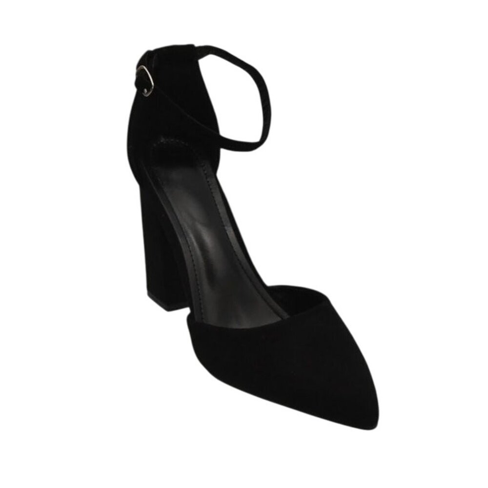 Black Suede High Heel Shoes Womens 10 Block Heel Ankle Strap Pointed Toe